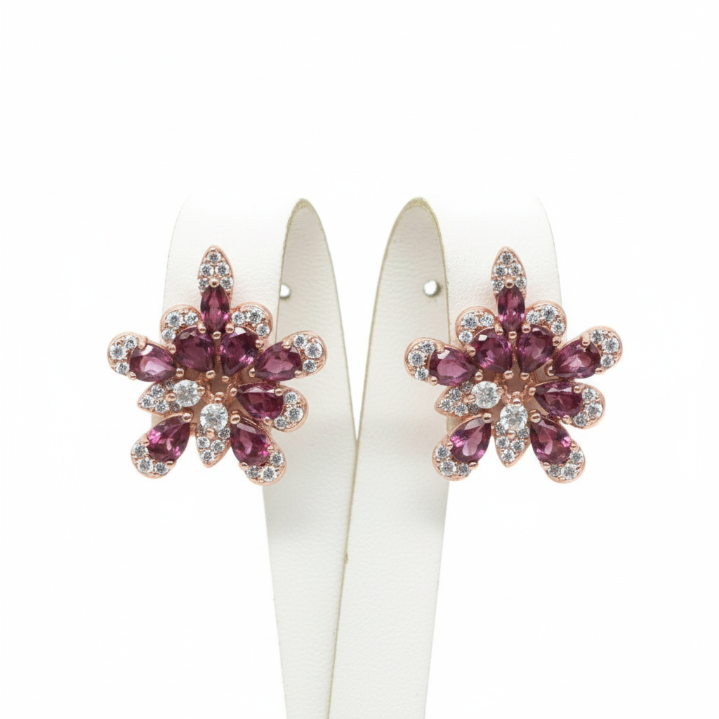 Handmade Floral Rhodolite Garnet Pink Earrings
