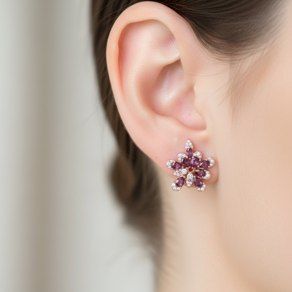 Handmade Floral Rhodolite Garnet Pink Earrings