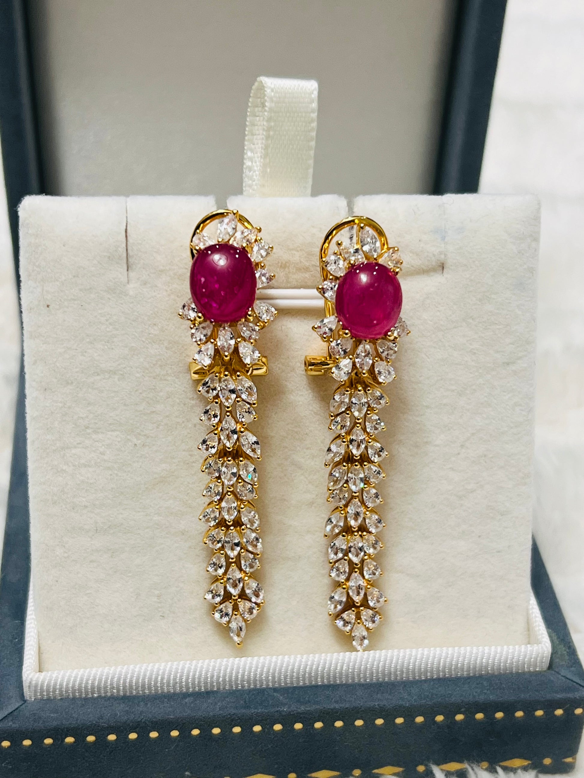 Handmade Ruby and white Sapphires Earrings in 18k yellow Gold Vermeil