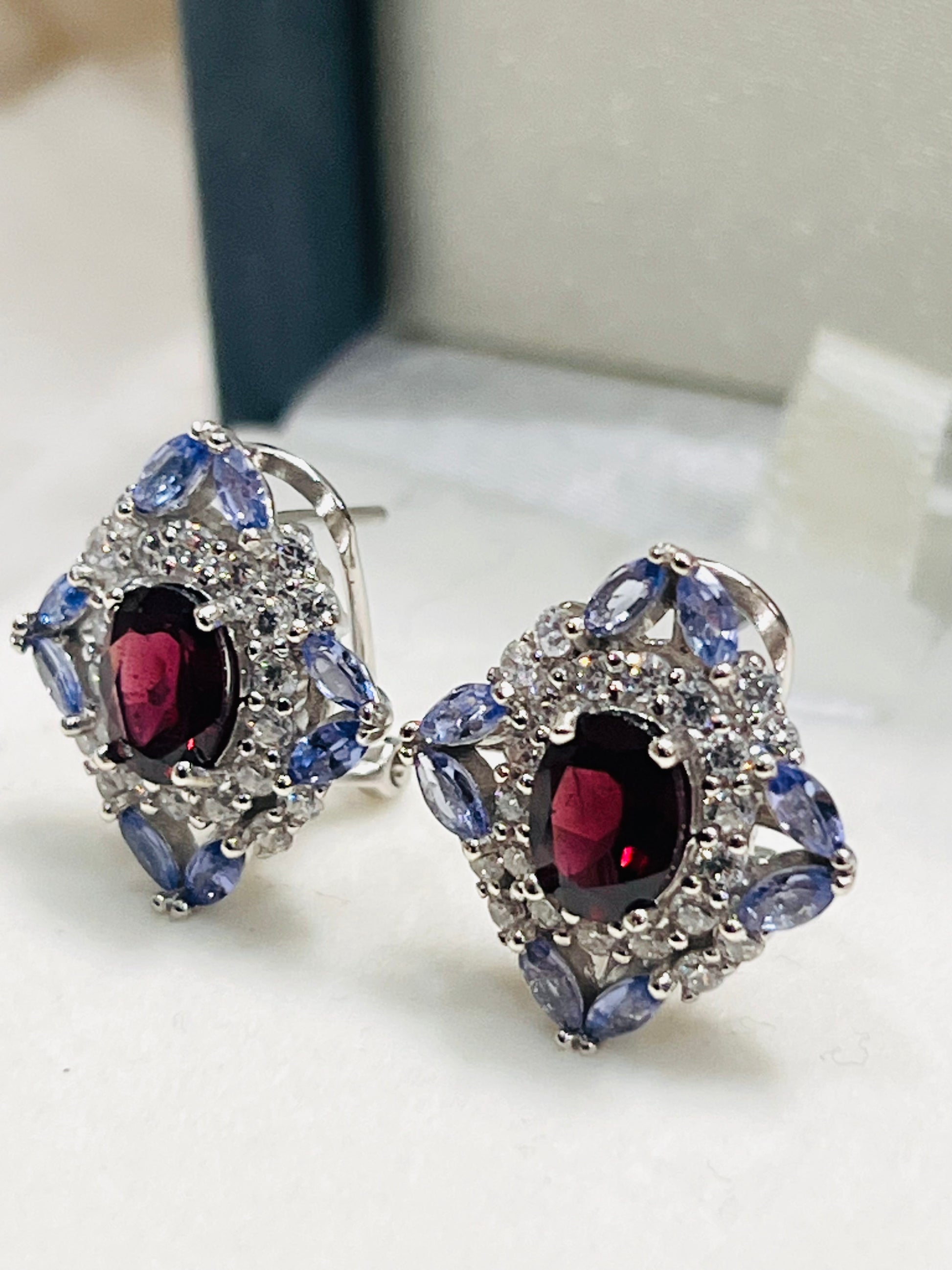 Handmade Natural Tanzanite and Garnet Omega Backs Earrings