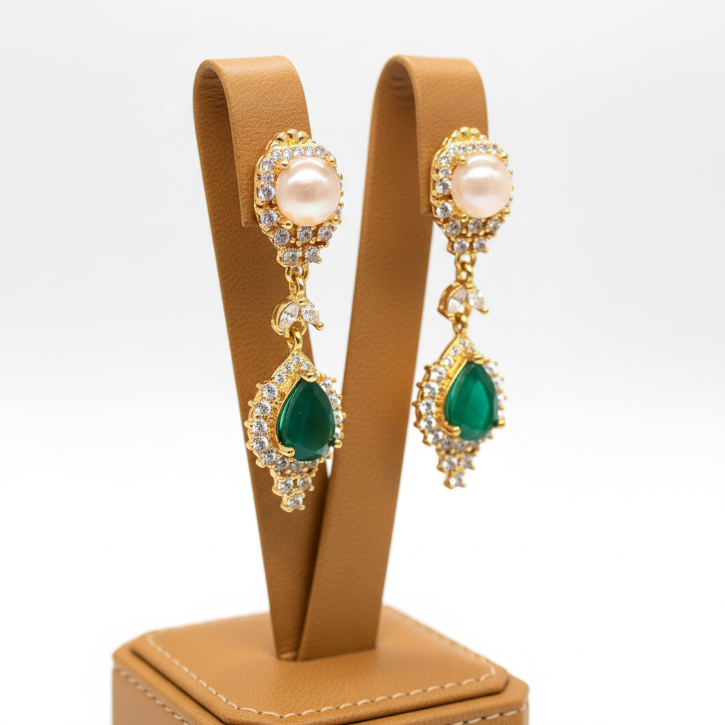 Handmade Green Agate, Moonstone & Cubic Zirconia Earrings