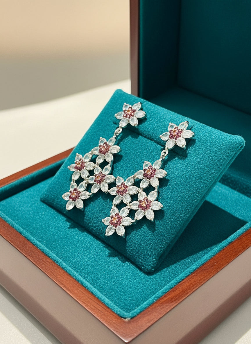 Handmade Lattice-Style Aquamarine & Rhodolite Garnet Earrings