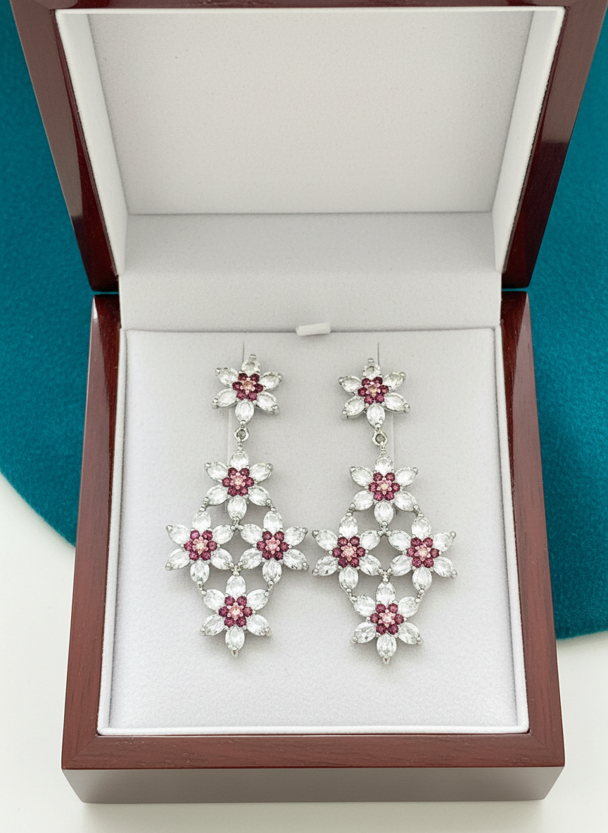 Handmade Lattice-Style Aquamarine & Rhodolite Garnet Earrings