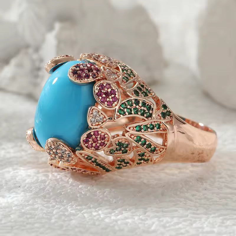 Lab Created Turquoise Statement Ring with Sapphire Accents | Vintage Gold Plated Ring