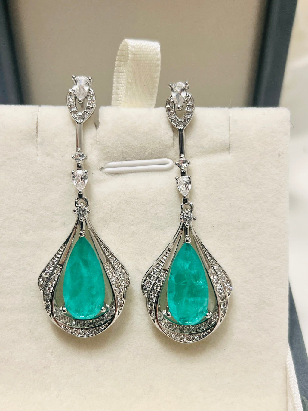 Stunning Long Sterling silver Emerald, Paraiba or Ruby Fancy statement Earrings (lab created)