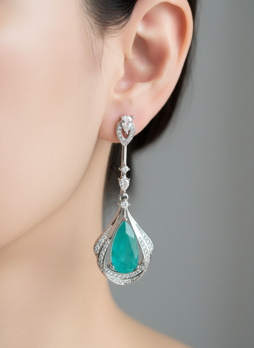 Stunning Long Sterling silver Emerald, Paraiba or Ruby Fancy statement Earrings (lab created)