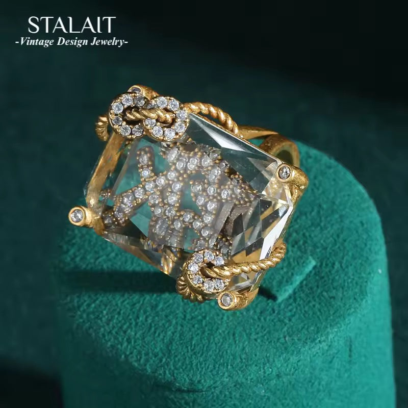Vintage Inspired Emerald Cut Crystal Ring | Adjustable Gold Plated Brass Cocktail Ring for Women