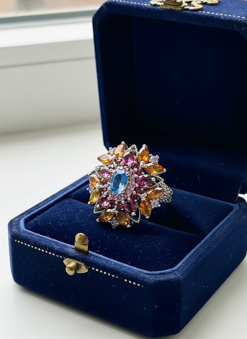 Handmade genuine Kyanite, Citrine and Rhodolite Garnet Ring