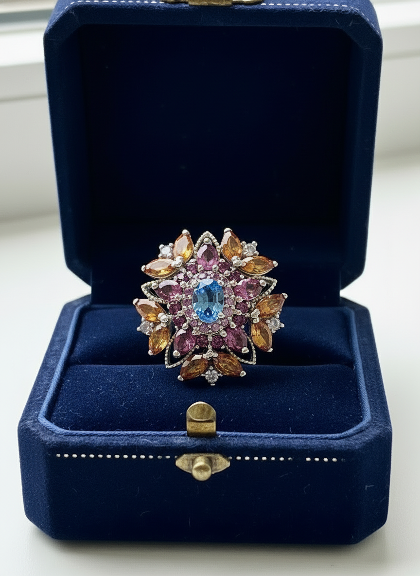 Handmade genuine Kyanite, Citrine and Rhodolite Garnet Ring