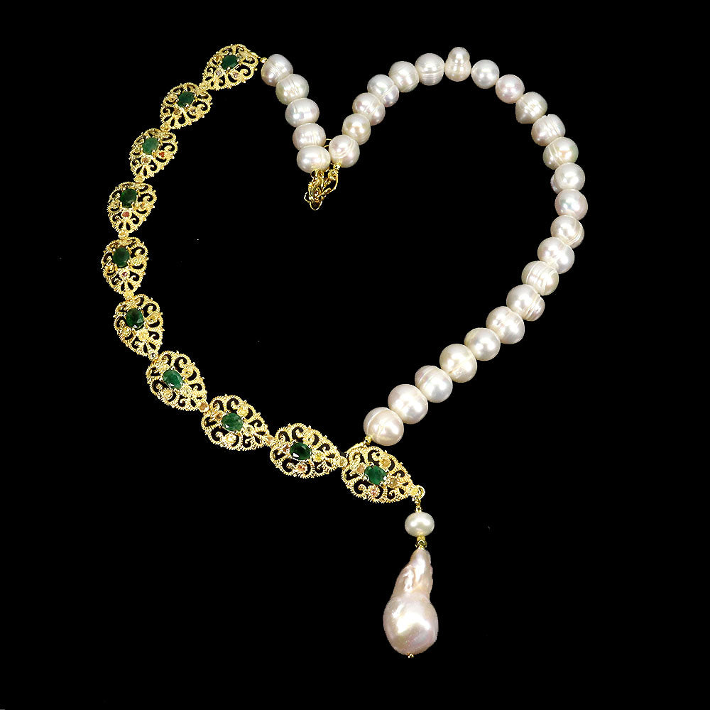 Handmade Natural Emerald and South Sea Pearls necklace
