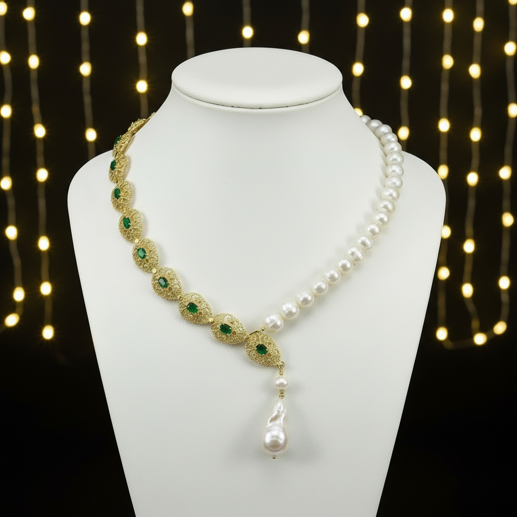 Handmade Natural Emerald and South Sea Pearls necklace
