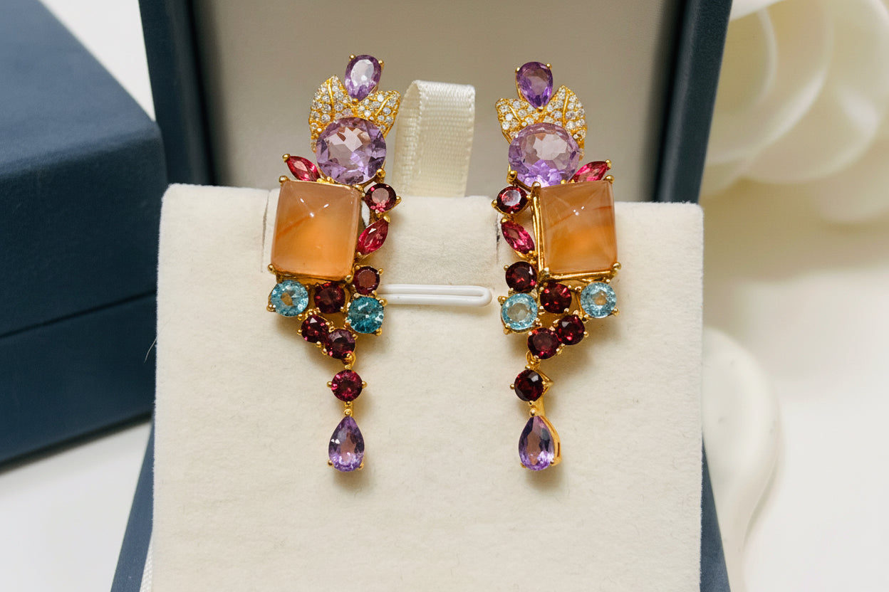 Artisan Square Agate & Multi-Gem Stud Earrings — Handmade in Canada