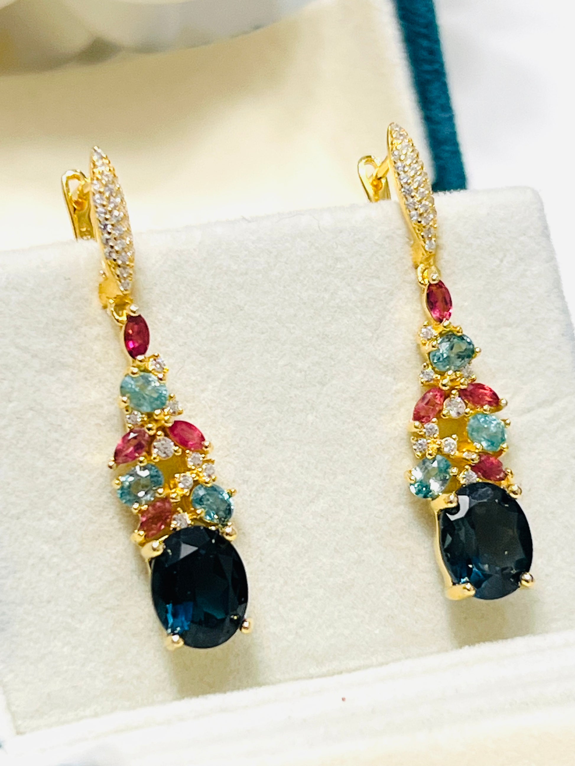 London Blue Topaz Earrings with Apatite & Pink Tourmaline Accents – 18K Gold Vermeil