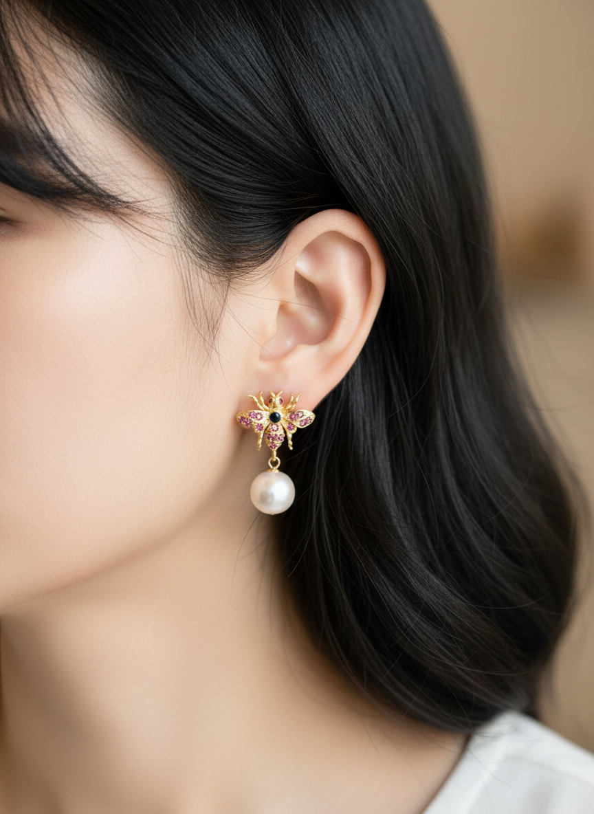 Handmade Freshwater Pearl, Ruby and sapphire “Abeille” Earrings