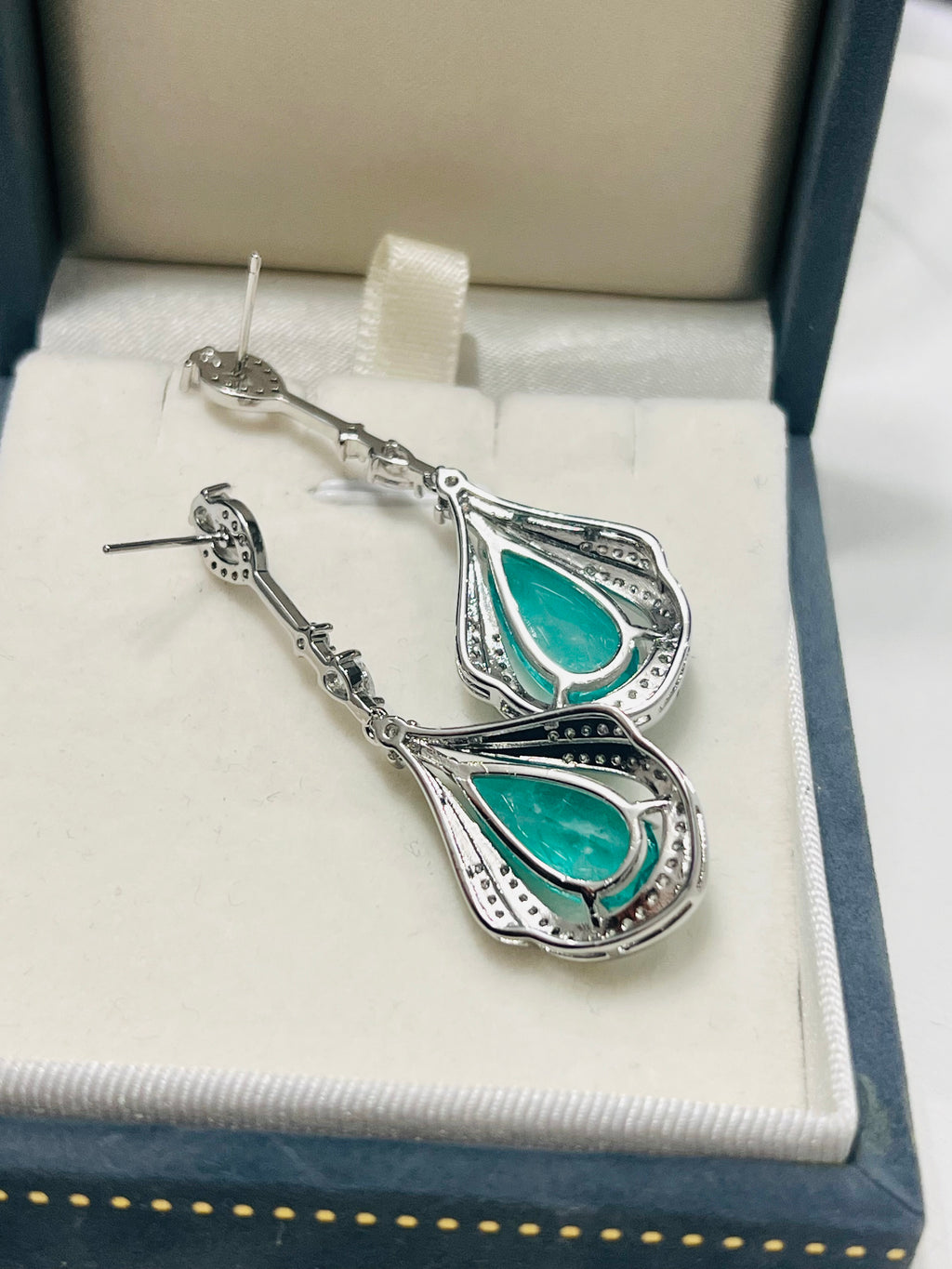 Stunning Long Sterling silver Emerald, Paraiba or Ruby Fancy statement Earrings (lab created)