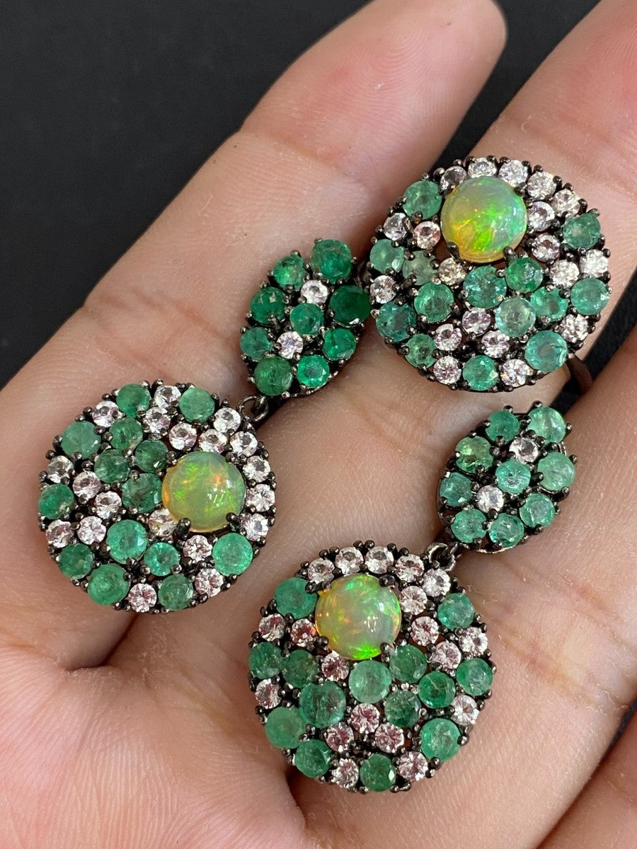 Handmade Opal, Emerald & White Topaz Ring and Earrings Set