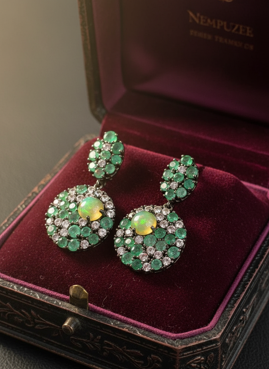 Handmade Opal, Emerald & White Topaz Ring and Earrings Set