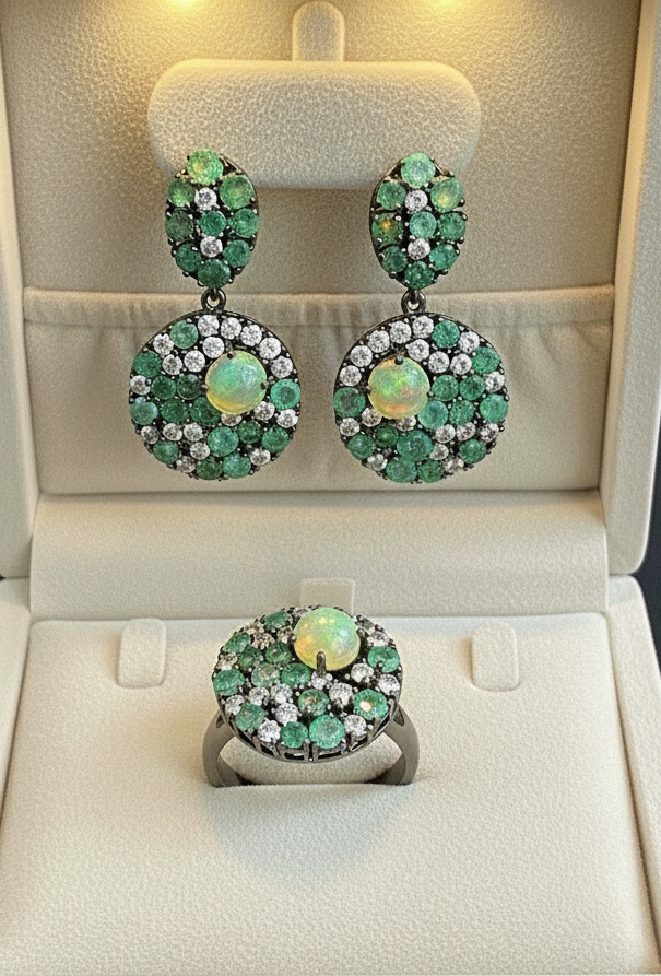 Handmade Opal, Emerald & White Topaz Ring and Earrings Set
