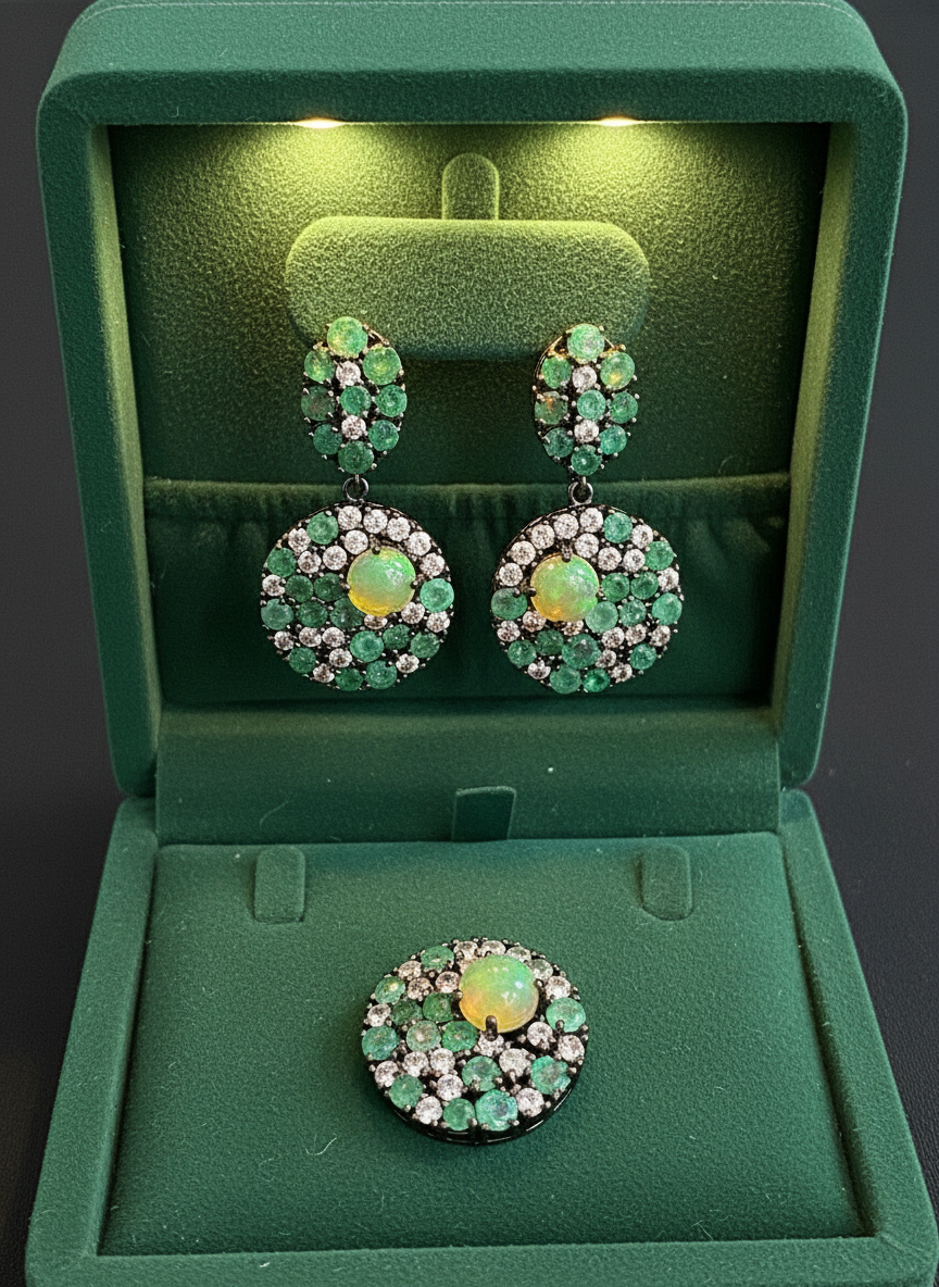 Handmade Opal, Emerald & White Topaz Ring and Earrings Set