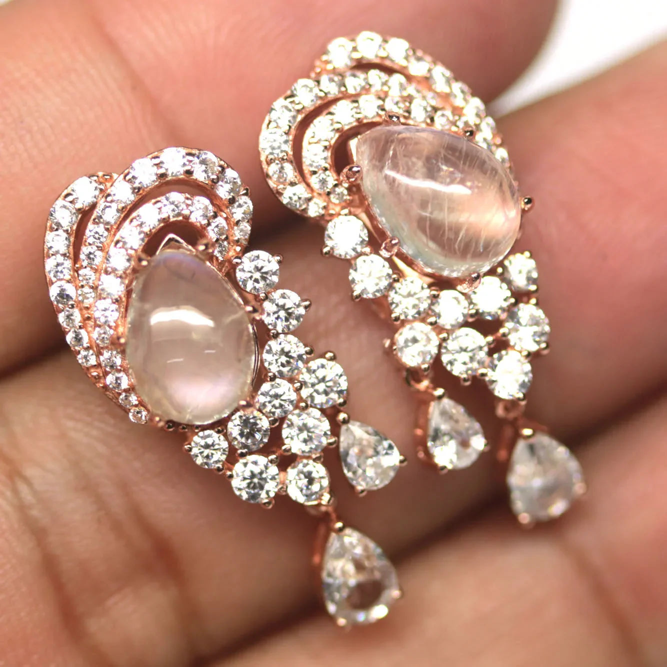 Full Moon Glow White Sapphire & Moonstone Earrings – Handmade