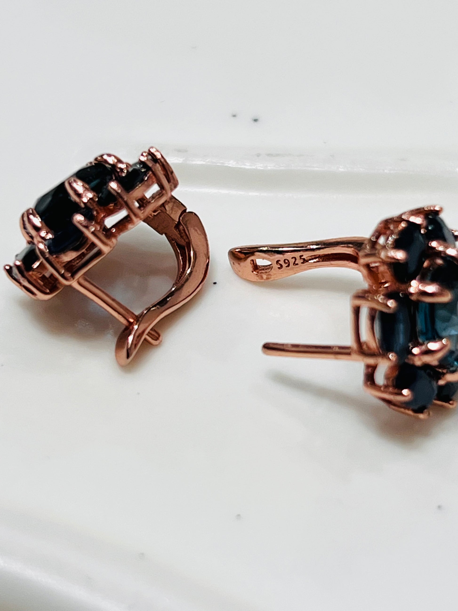 Handmade Genuine London Blue Topaz & Sapphire Rose Gold Plated Earrings over Sterling silver