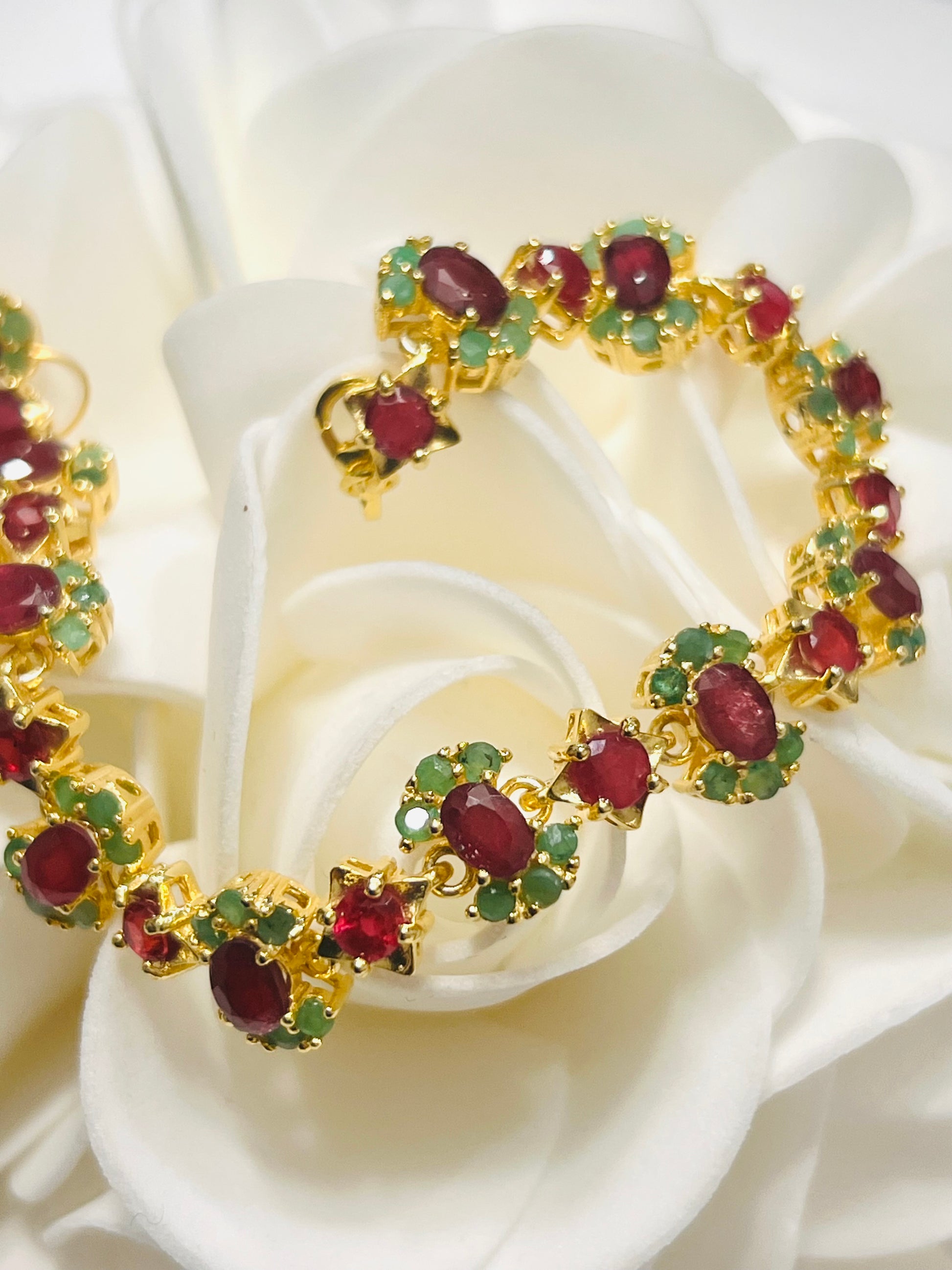 Genuine Ruby and Emerald Bracelet in 14k Gold over sterling silver