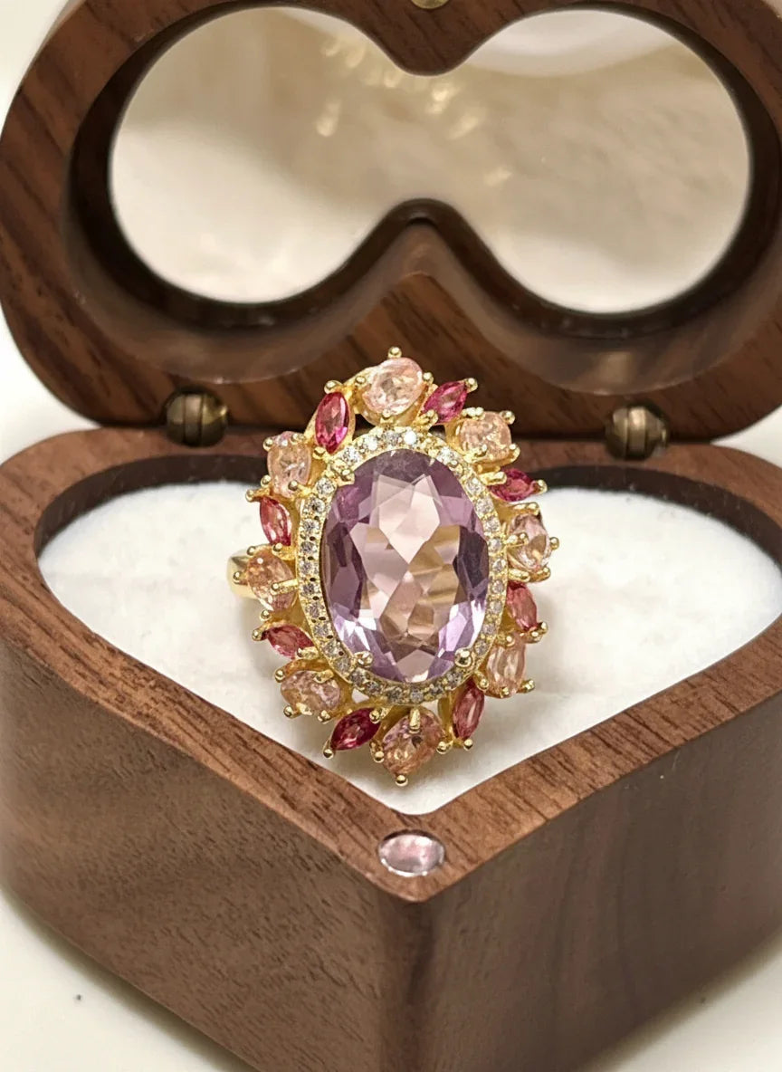 Natural Pink Amethyst & Multi-Gem Ring in 18K Gold Vermeil – 31.43 Carats