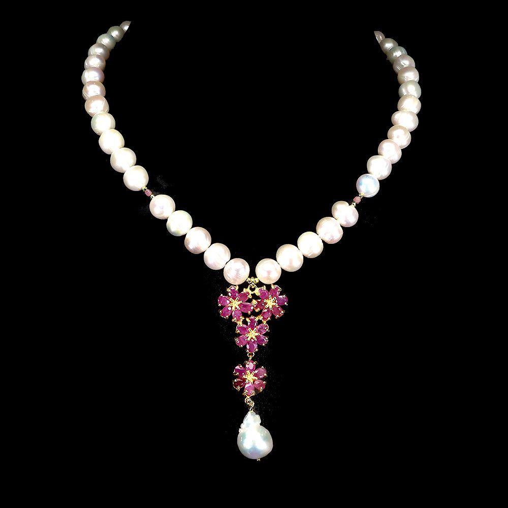 Natural Freshwater Pearl and Natural Ruby Necklace