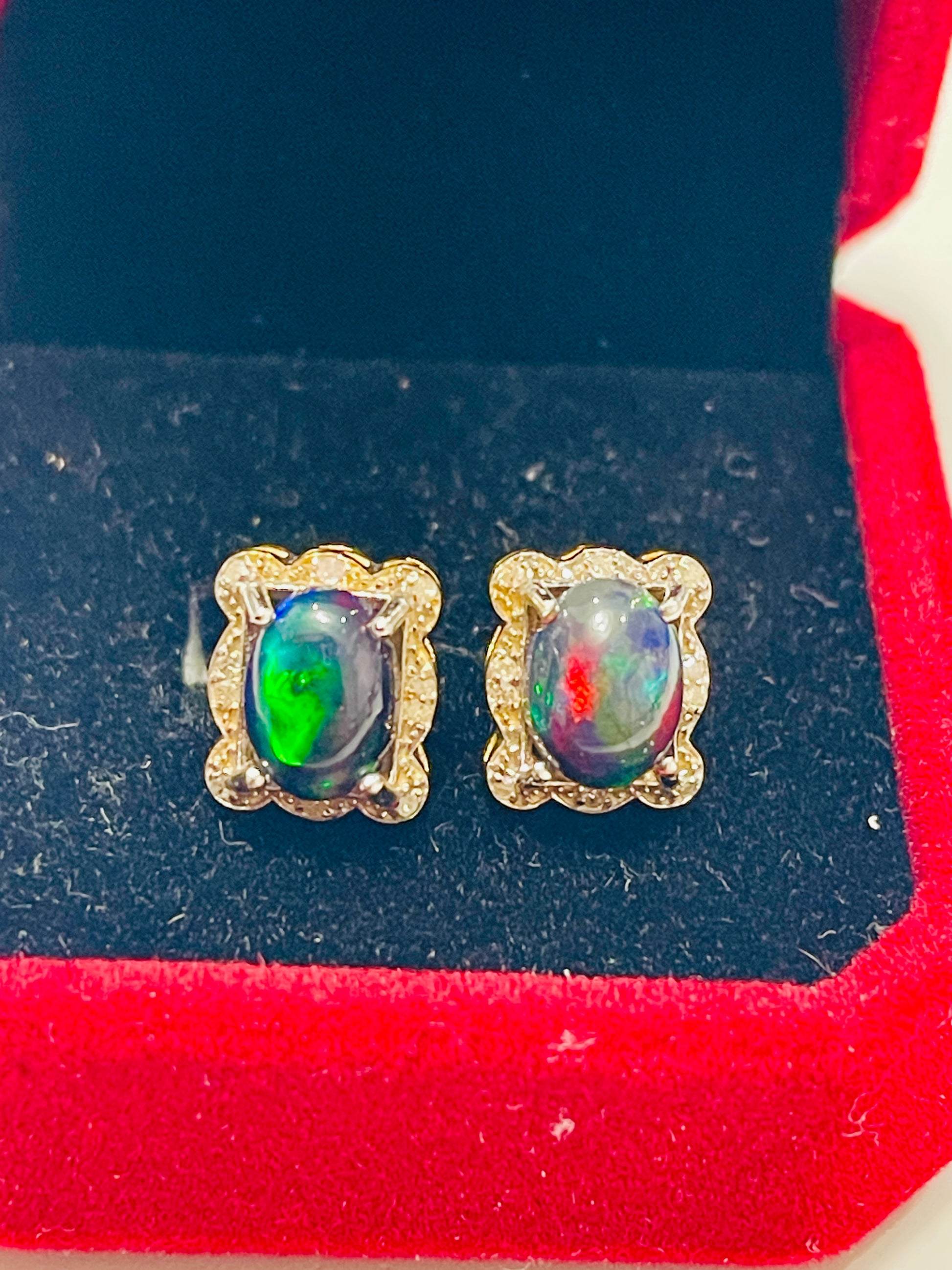 Natural Opal & Diamond Halo Stud Earrings in Sterling Silver Gold Vermeil | Handmade Two-Tone Cabochon Opal Earrings