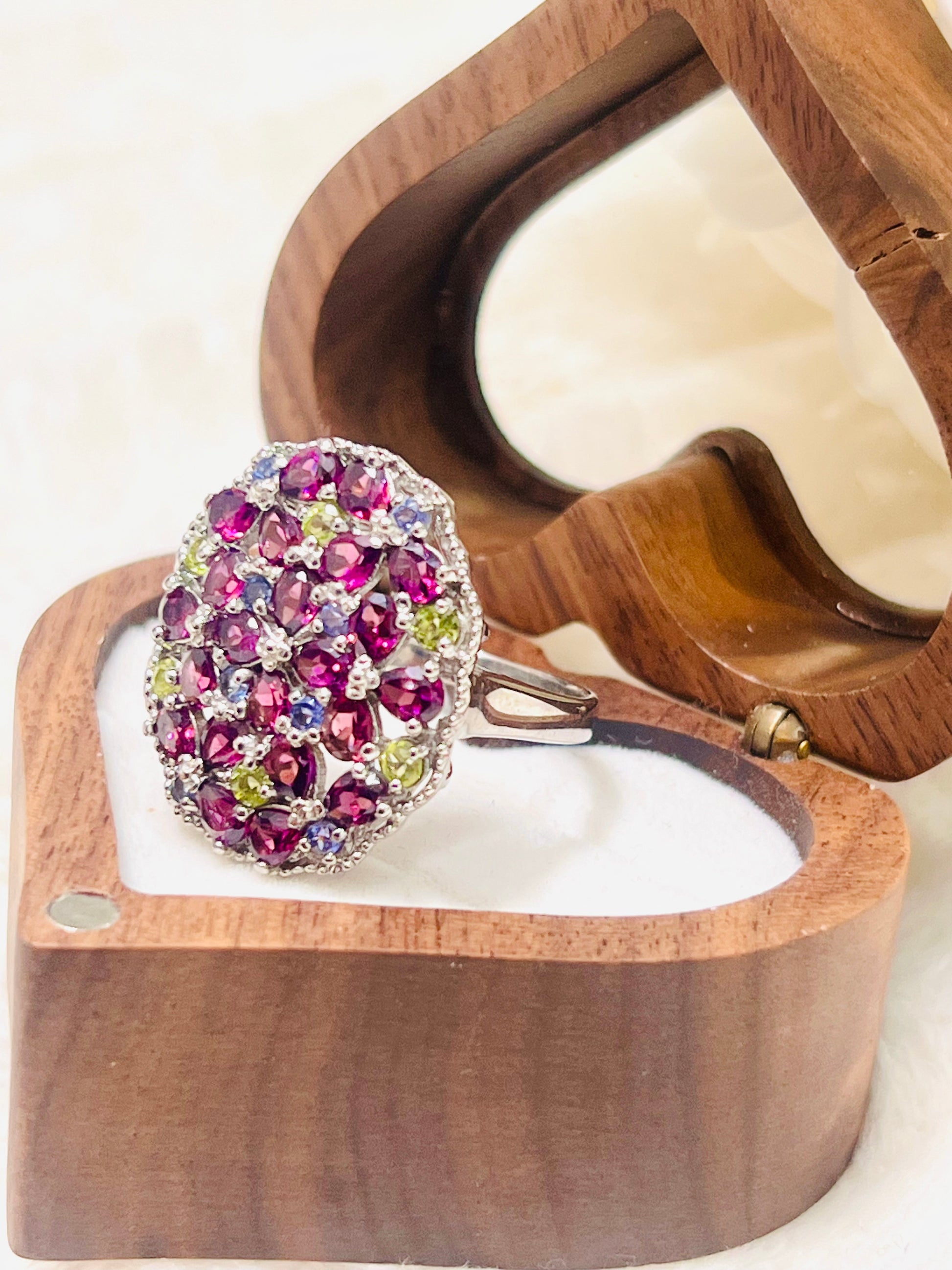 Handmade Natural Rhodolite Garnet, Peridot and Tanazanite Ring