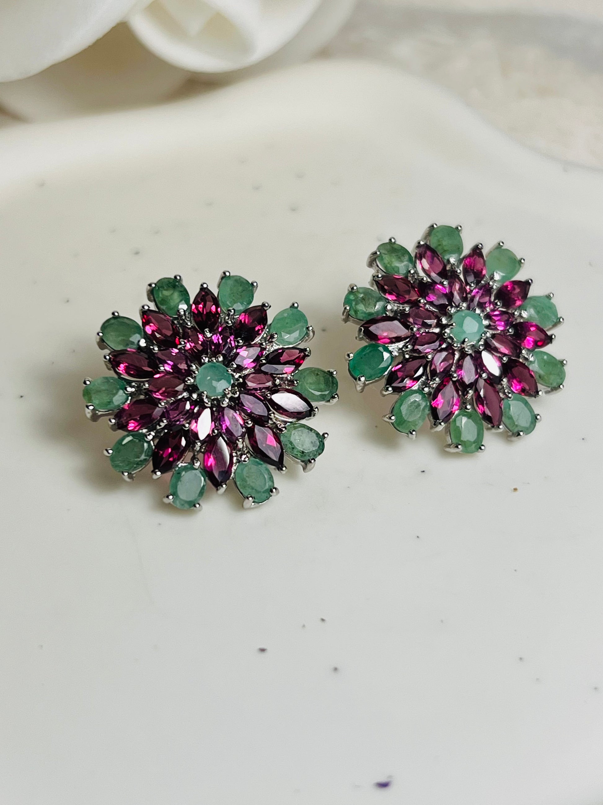 Handmade Emerald and Rhodolite garnet earrings- Sunburst Collection