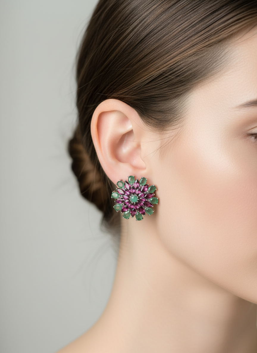 Handmade Emerald and Rhodolite garnet earrings- Sunburst Collection