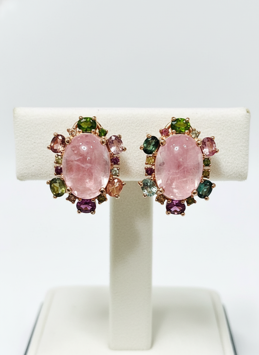 Handmade Pink Rose Quartz & Fancy Tourmaline Earrings