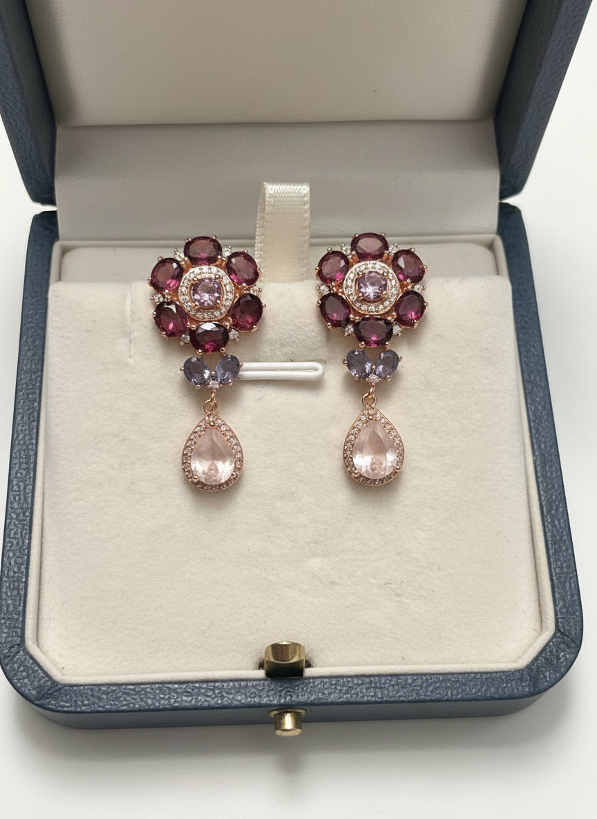 Handmade Rhodolite & Rose Quartz Floral Drop Earrings