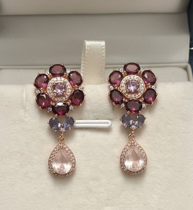 Handmade Rhodolite & Rose Quartz Floral Drop Earrings