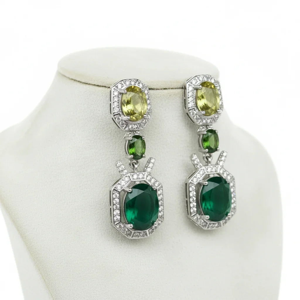 Handmade Emerald, Peridot, Chrome Diopside & Cubic Zirconia Earrings