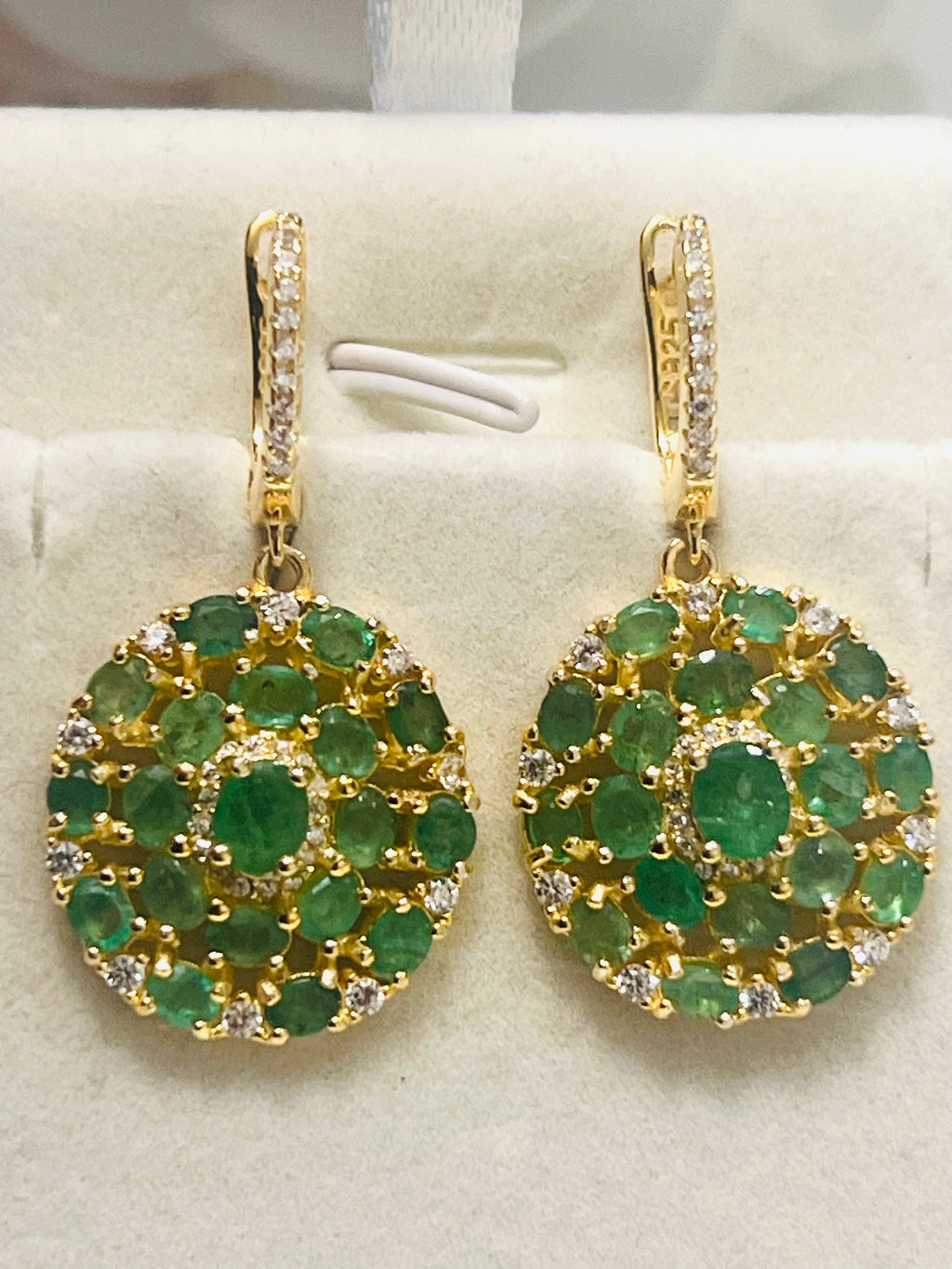 Natural Emerald & White Sapphires Flower Cluster Dangle Earrings – 18K Gold over Sterling Silver