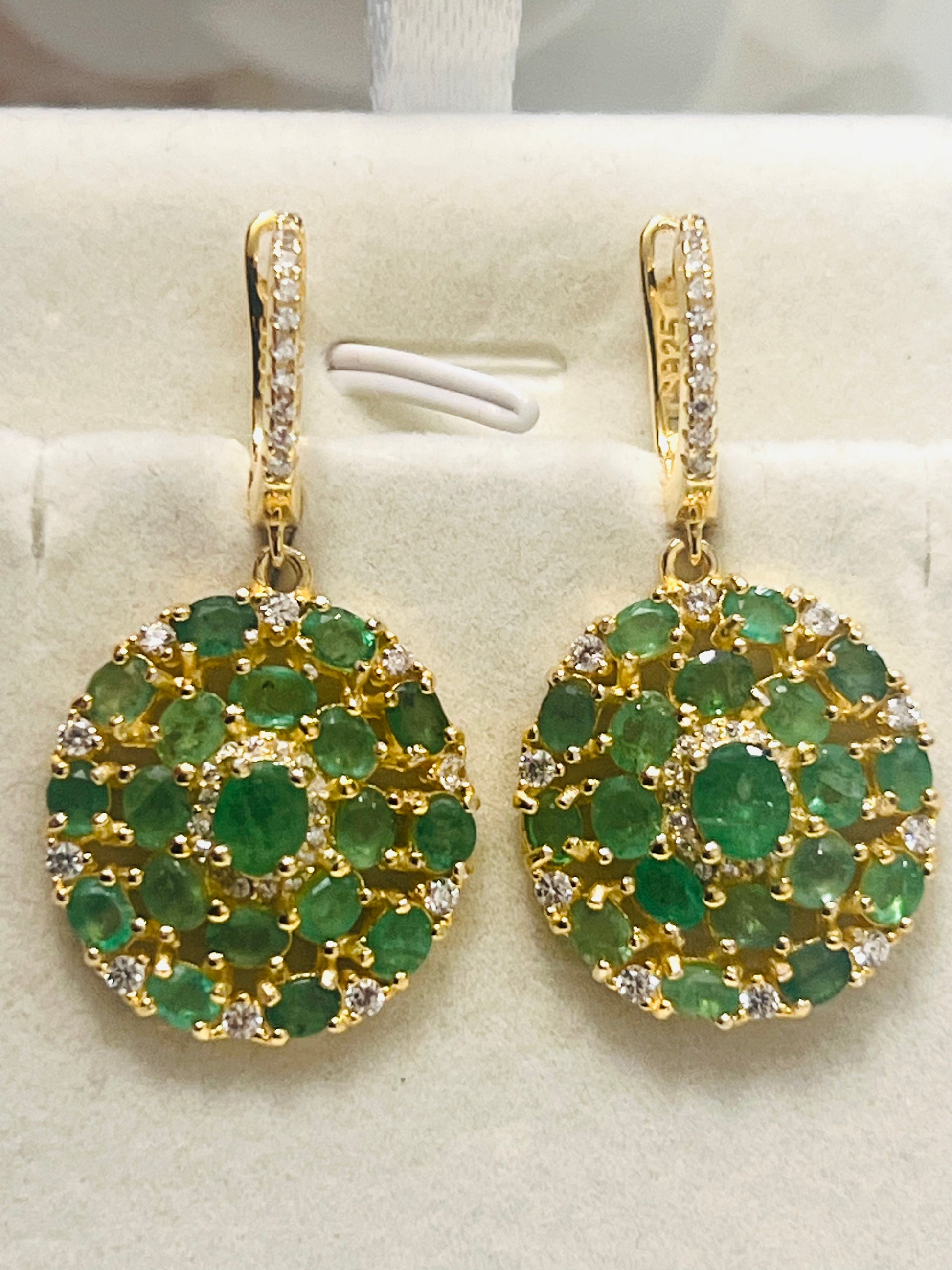 Natural Emerald & White Sapphires Flower Cluster Dangle Earrings – 18K Gold over Sterling Silver