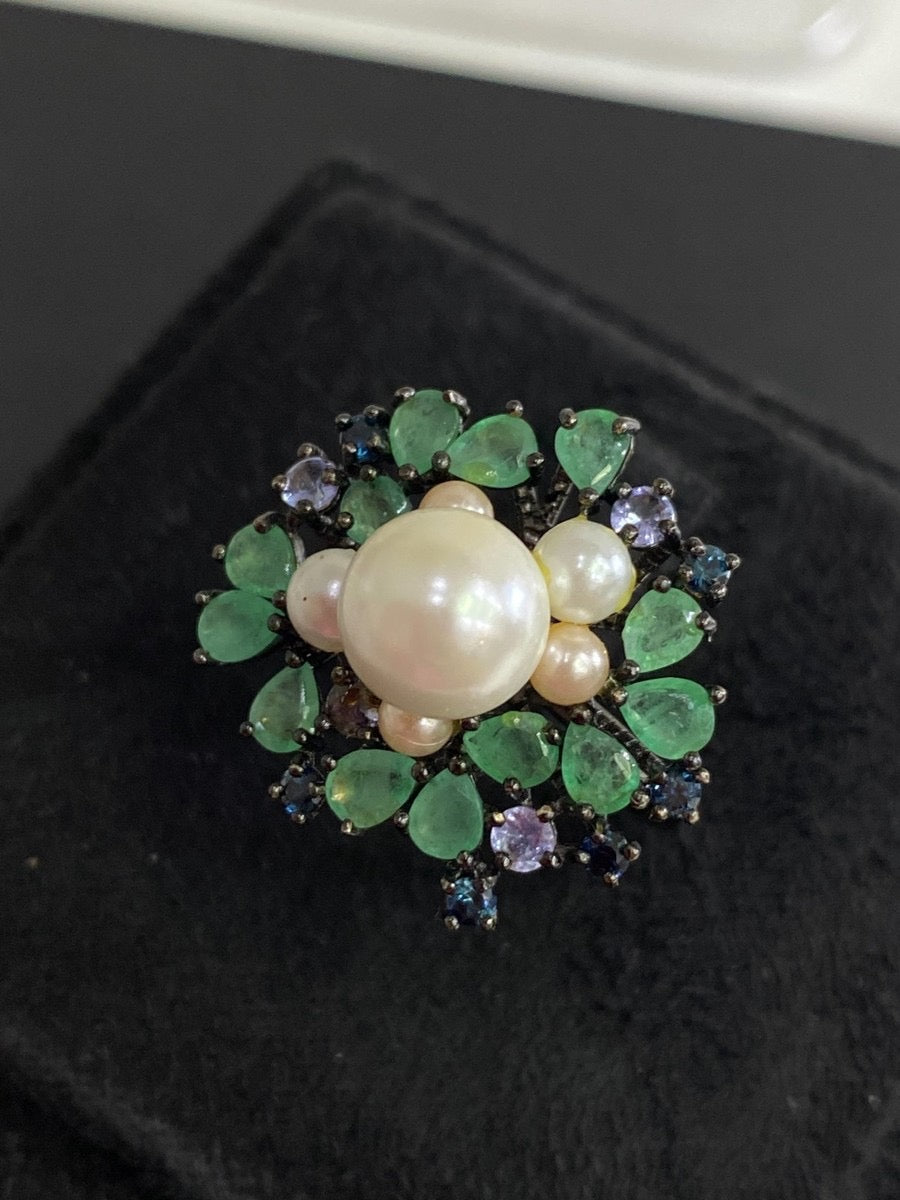 Handmade Natural Colombian Emerald, Pearl, Tanzi Set