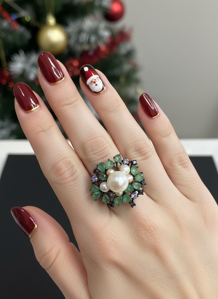 Handmade Natural Colombian Emerald, Pearl, Tanzi Set