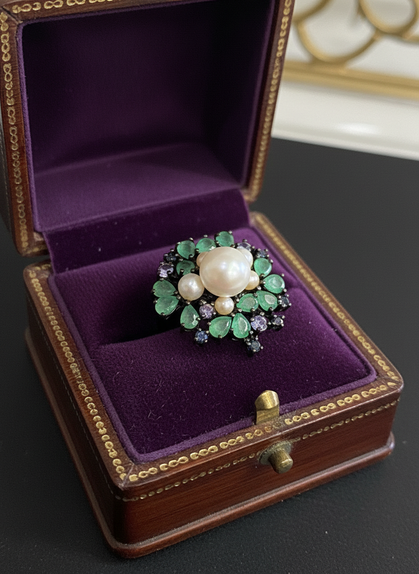 Handmade Natural Colombian Emerald, Pearl, Tanzi Set