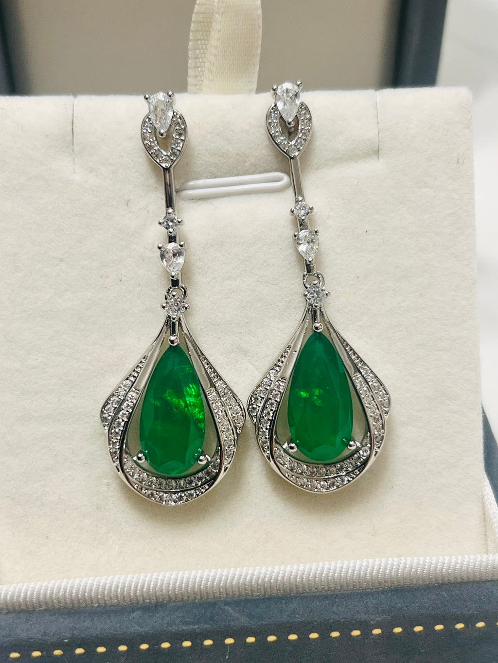 Stunning Long Sterling silver Emerald, Paraiba or Ruby Fancy statement Earrings (lab created)