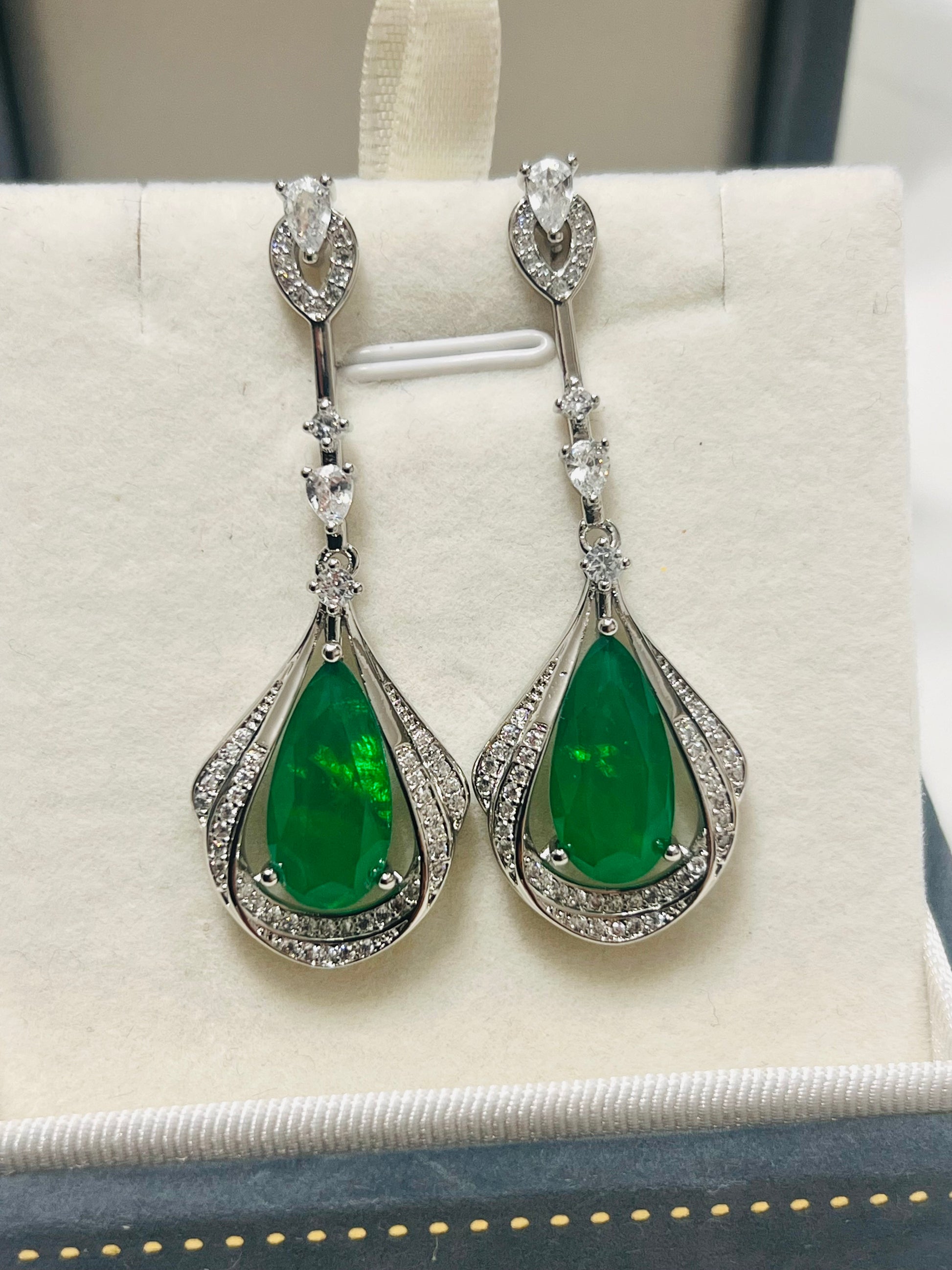 Stunning Long Sterling silver Emerald, Paraiba or Ruby Fancy statement Earrings (lab created)