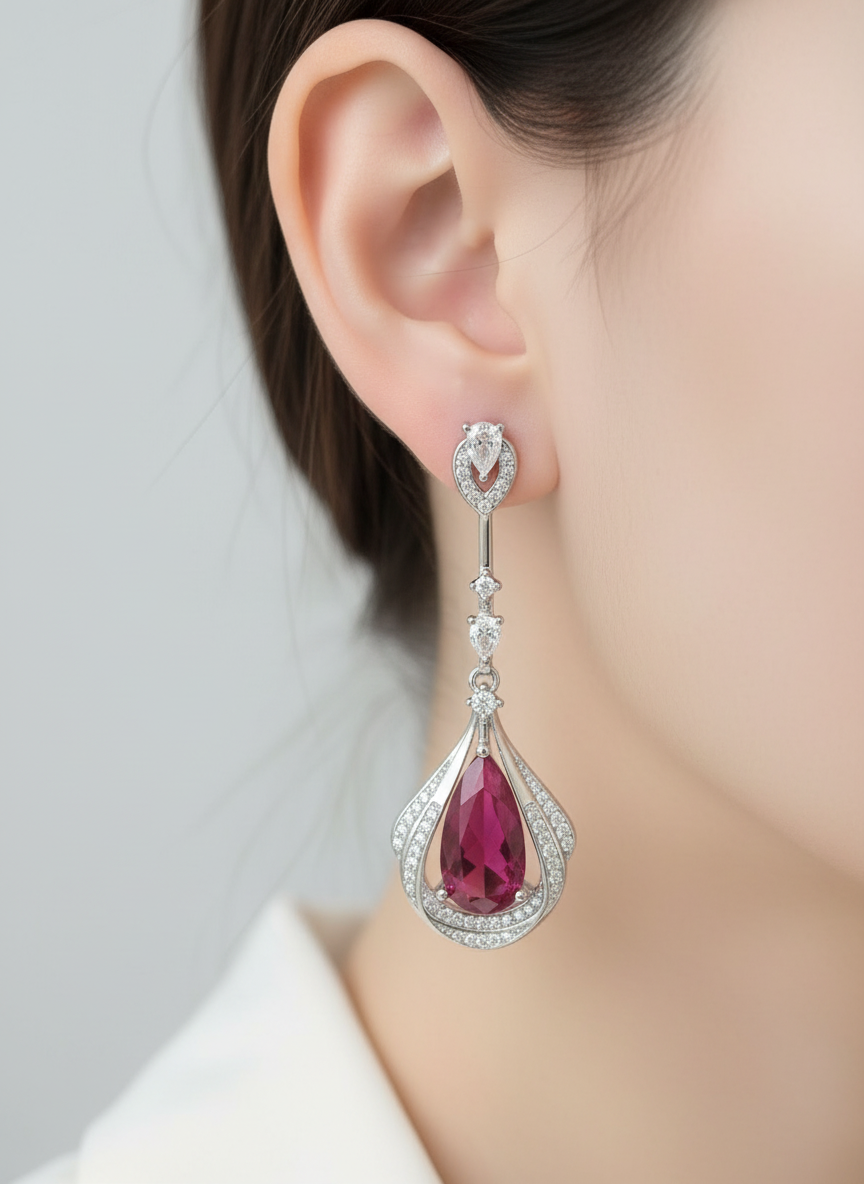 Stunning Long Sterling silver Emerald, Paraiba or Ruby Fancy statement Earrings (lab created)