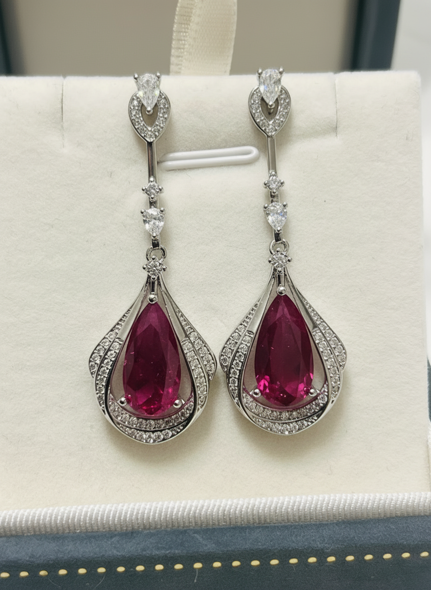 Stunning Long Sterling silver Emerald, Paraiba or Ruby Fancy statement Earrings (lab created)