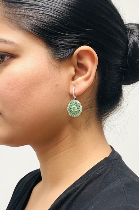 Natural Emerald & White Sapphires Flower Cluster Dangle Earrings – 18K Gold over Sterling Silver