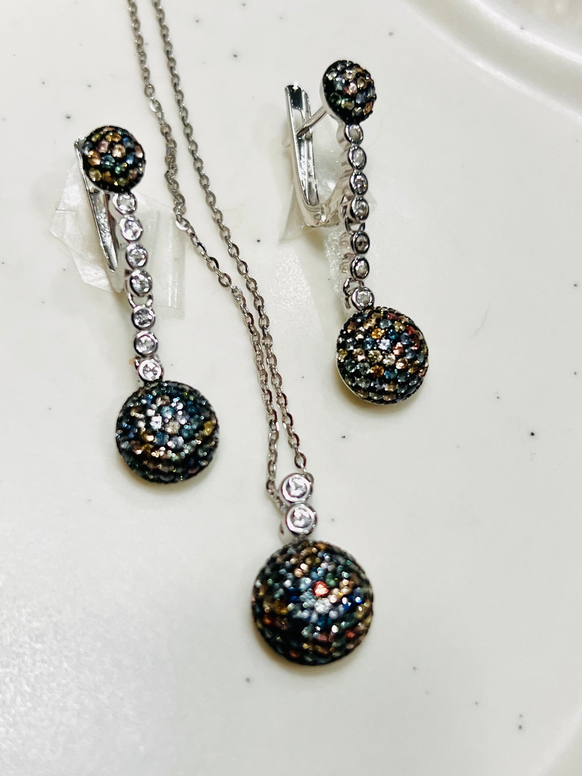 Multi-Color Sapphire Ball Design Sterling Silver Necklace and Earring Set