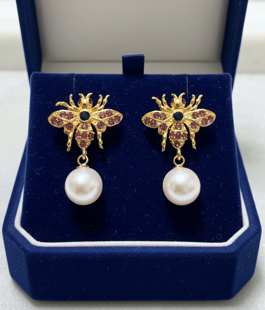 Handmade Freshwater Pearl, Ruby and sapphire “Abeille” Earrings