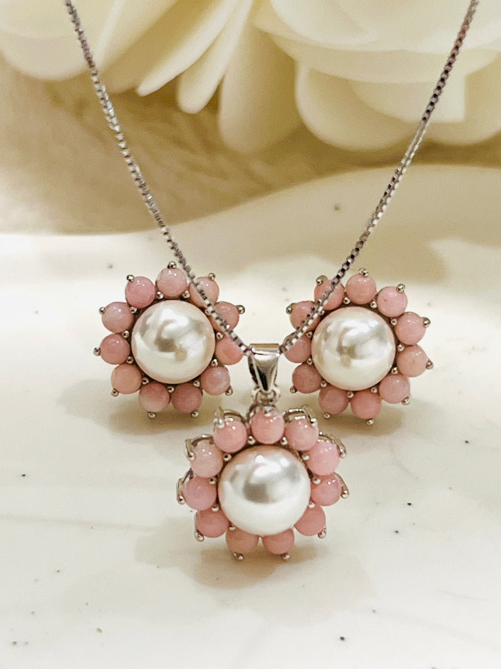 Handmade Natural Pink Opal and Pearl Jewelry Set