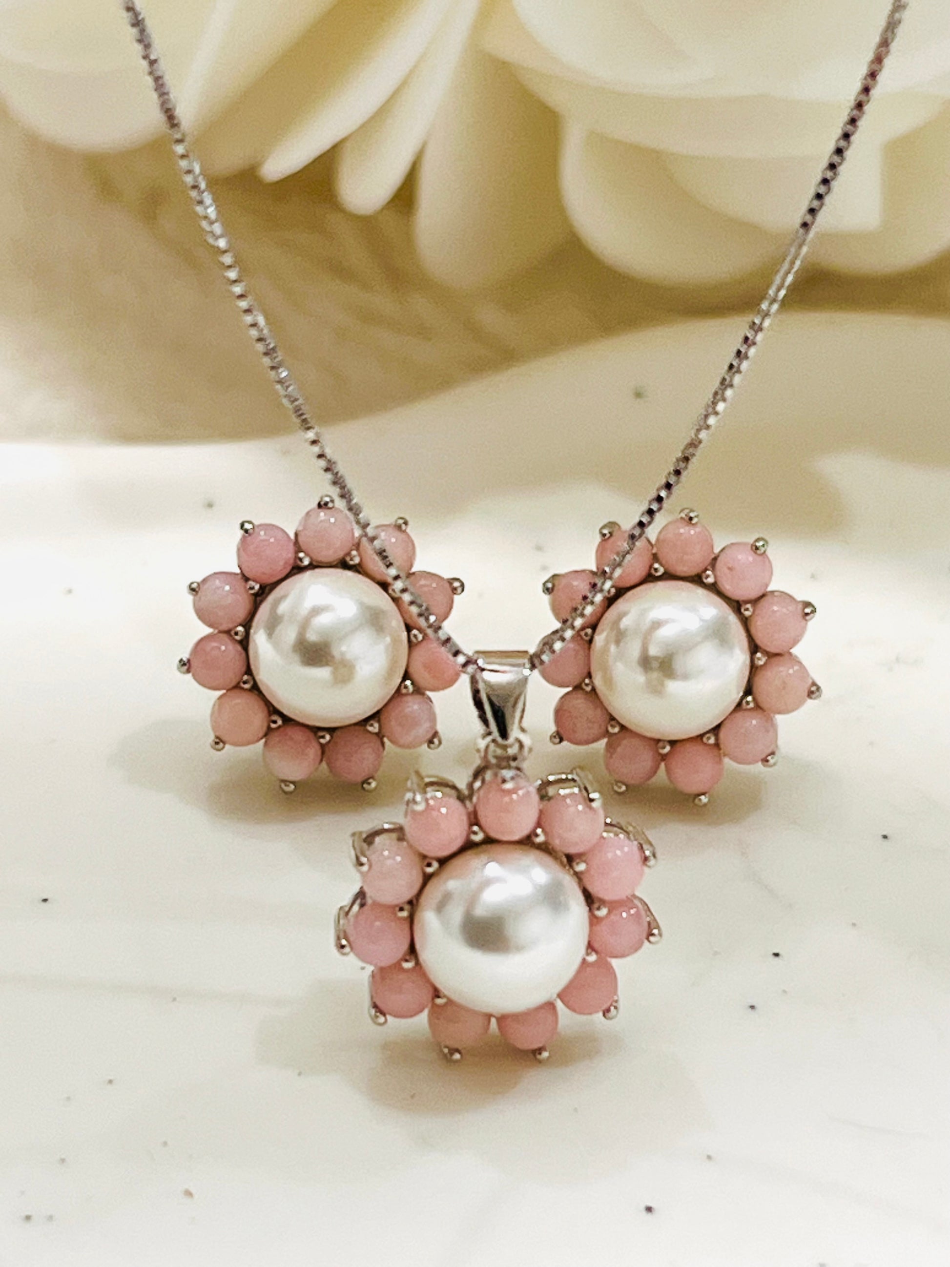 Handmade Natural Pink Opal and Pearl Jewelry Set